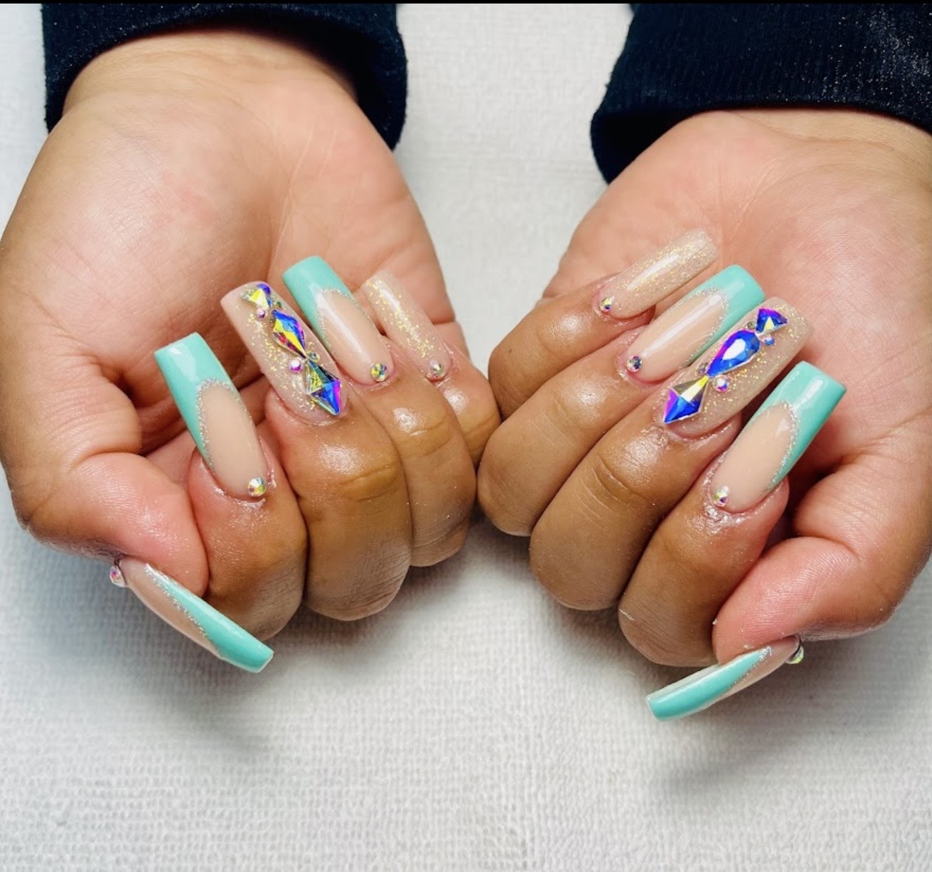 Tiffany blue nails with crystal gems