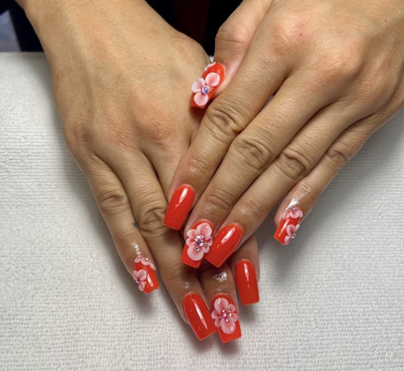 Red coffin nails with 3D flowers